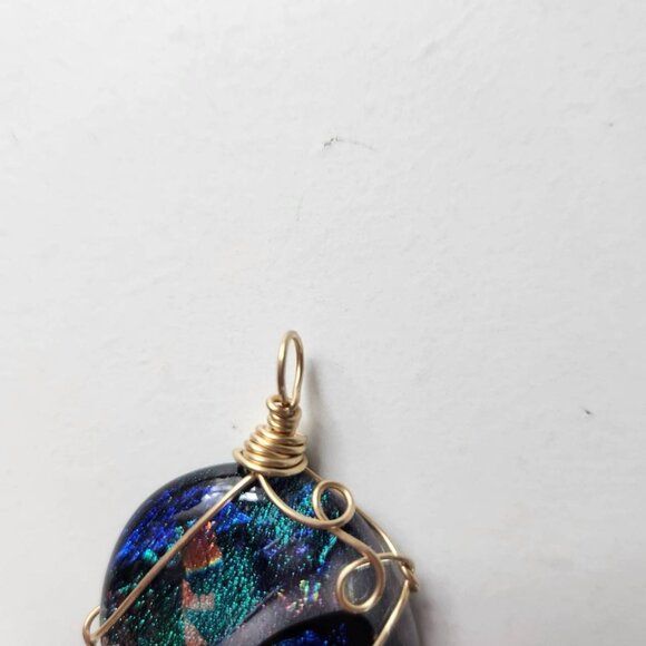 Handmade Wire Wrapped Dichroic Glass Pendant, Blue / Gold - Picture 3 of 5